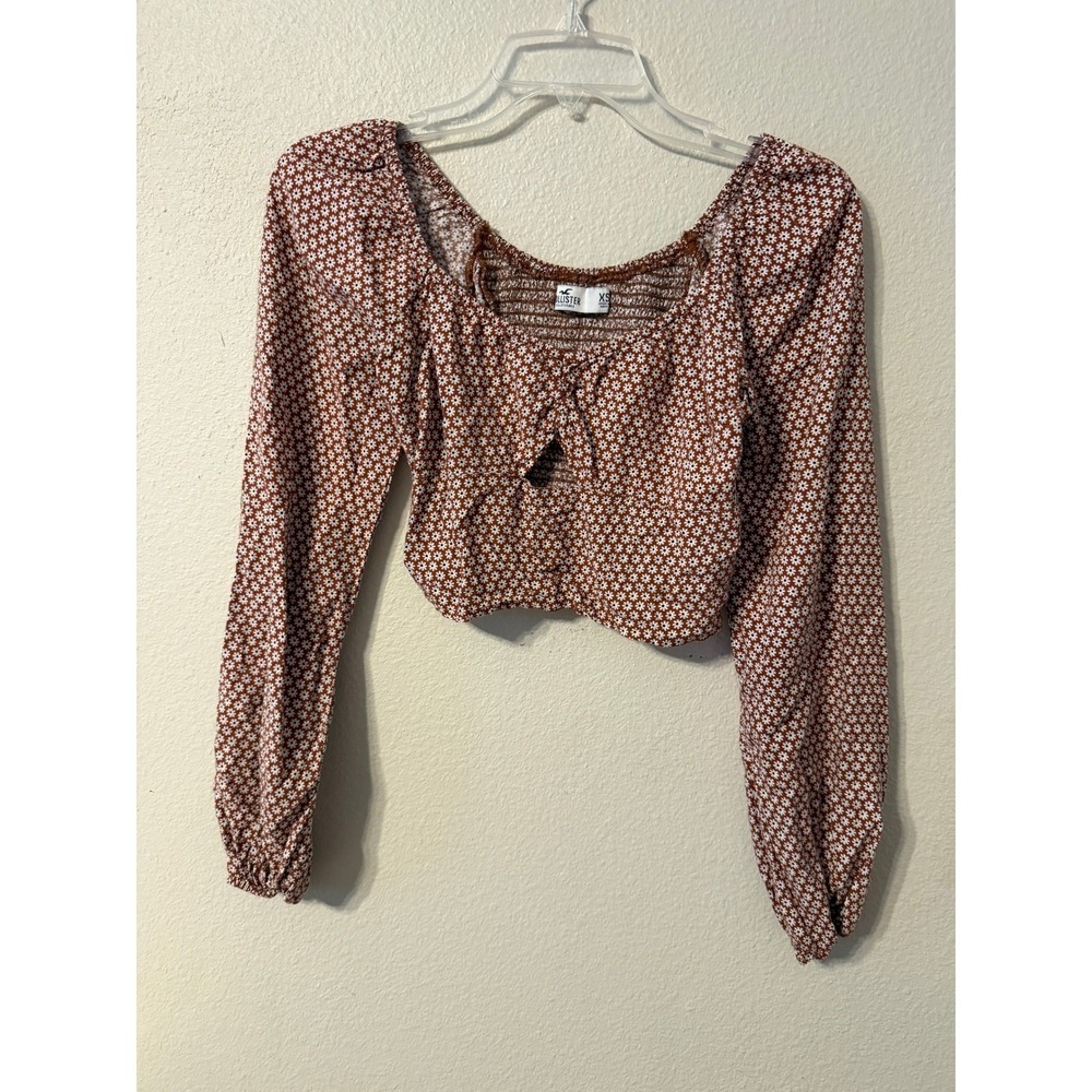 Hollister Smocked Crop‎ Top Rust Floral Print Square Neck Long Sleeve XS